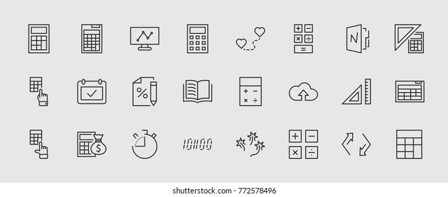 Set of Calculation Vector Line Icons. Contains such Icons as Calculator Icon, Pencil, Click, Money Bag, Percent symbol, Square and Ruler. Editable Stroke. 32x32 Pixel Perfect.