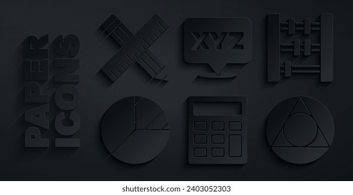 Set Calculator, Abacus, Pie chart infographic, Triangle math, XYZ Coordinate system and Crossed ruler and pencil icon. Vector