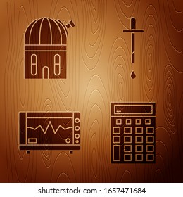 Set Calculator, Astronomical observatory, Computer monitor with cardiogram and Pipette on wooden background. Vector