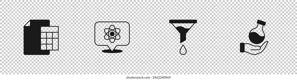 Set Calculator, Atom, Funnel filter and Test tube icon. Vector