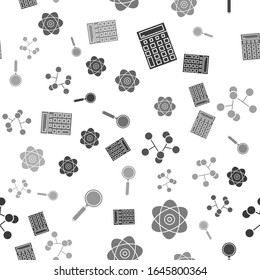 Set Calculator, Atom, Molecule und Zierglas auf nahtloses Muster. Vektorillustration