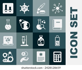 Set Calculadora, Batería, Libro de ciencia, Pipeta, Globo terrestre, Tubo de prueba, Gráfico gráfico infográfico e icono. Vector