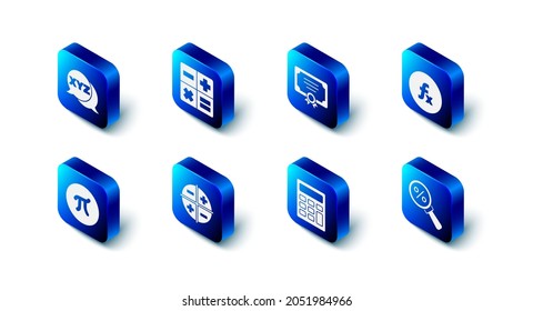 Set Calculator, Certificate template, Function mathematical symbol, Magnifying glass with percent, XYZ Coordinate system, Pi and  icon. Vector