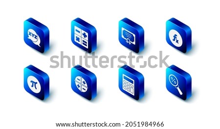 Set Calculator, Certificate template, Function mathematical symbol, Magnifying glass with percent, XYZ Coordinate system, Pi and  icon. Vector