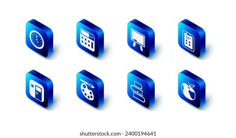 Set Calculator, Chalkboard, Exam sheet with check mark, Apple, Book, Paint brush palette, School classroom and Clock icon. Vector