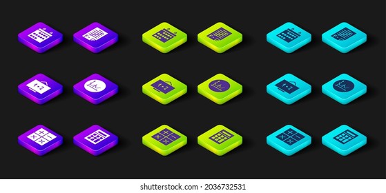 Set Calculator, Chalkboard, Graph, schedule, chart, diagram, Exam paper with incorrect answers and Calendar icon. Vector