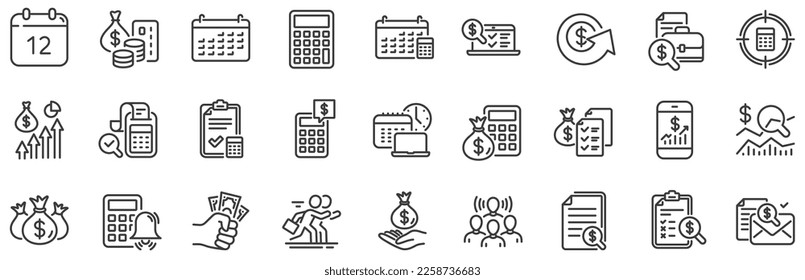 Set of Calculator, Check investment and Report icons. Accounting line icons. Calendar, Banking account and Finance accounting report document. Bill, Calculator and Wealth auditing. Vector