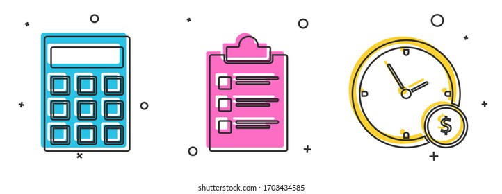 Set Calculator, Zwischenablage mit Checkliste und Zeit ist Geld Symbol. Vektorillustration