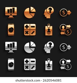 Set Calculator, Coin money with dollar, Job promotion exchange, Identification badge, Mobile phone graph chart, Human head question mark, Monitor and Pie infographic icon. Vector
