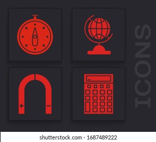 Defina el icono Calculadora, Compass, Earth globo y Magnet. Vector
