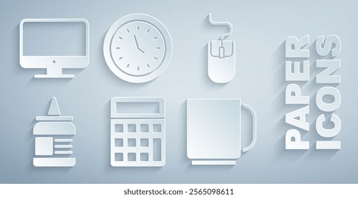 Set Calculator, Computer mouse, Glue, Coffee cup, Clock and monitor screen icon. Vector