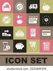 Calculadora, tarjeta de crédito, diamante, camión blindado, hucha y martillo, sin dinero, sobre con símbolo de dólar e icono de bloqueo. Vector