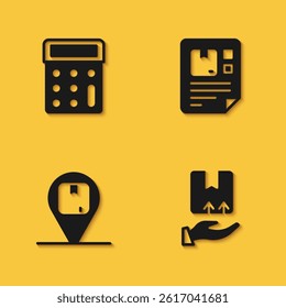 Set Calculator, Delivery hand with box, Location cardboard and Waybill icon with long shadow. Vector