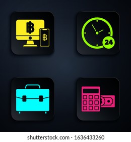 Set Calculator with dollar symbol, Computer monitor with mobile phone and bitcoin, Briefcase and Clock 24 hours. Black square button. Vector