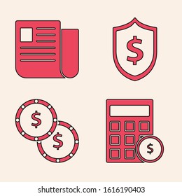 Set Calculator with dollar symbol, File document, Shield with dollar symbol and Coin money with dollar symbol icon. Vector