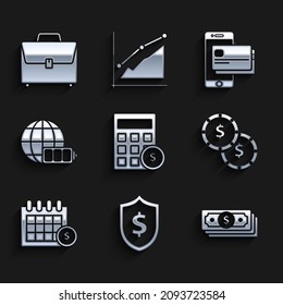 Set Calculator with dollar symbol, Shield, Stacks paper money cash, Coin, Financial calendar, Battery charge level indicator earth globe, Mobile phone and credit card and Briefcase icon. Vector