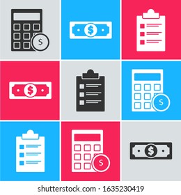 Set Calculator with dollar symbol, Stacks paper money cash and Clipboard with checklist icon. Vector