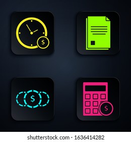 Set Calculator with dollar symbol, Time is money, Coin money with dollar symbol and File document. Black square button. Vector