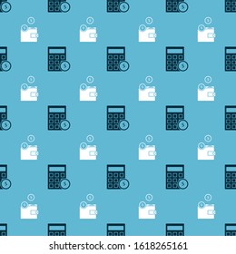 Set Calculator with dollar symbol and Wallet with coins on seamless pattern. Vector