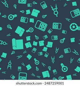 Set Calculator, Drawing compass, Graphing paper for engineering and Light bulb and gear on seamless pattern. Vector