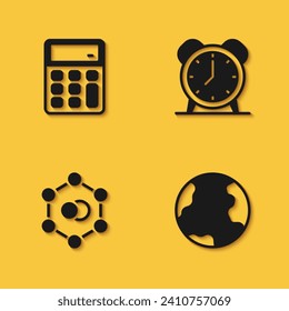 Set Calculator, Earth globe, Molecule and Alarm clock icon with long shadow. Vector
