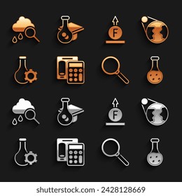 Calculadora de conjuntos, globo terrestre, tubo de ensayo, lupa, fuerza de la fórmula física, nube con lluvia e icono de gorra de graduación. Vector