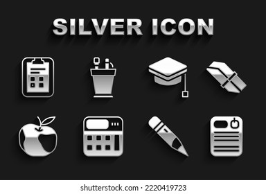 Set Calculator, Eraser rubber, Dossier folder, Pencil with eraser, Apple, Graduation cap, Exam sheet check mark and case stationery icon. Vector