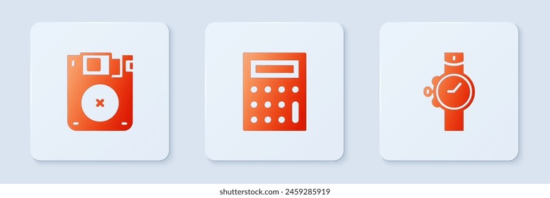 Set Calculator, Floppy disk and Wrist watch. White square button. Vector