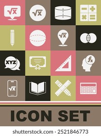 Definir Calculadora, Função símbolo matemático, Matemática conjuntos A e B, Figura geométrica Cilindro, Esfera, Lápis, Raiz quadrada de x glifo e ícone. Vetor