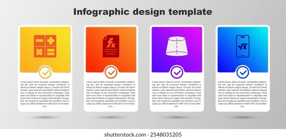 Defina Calculadora, Símbolo matemático de função, Figura geométrica e Raiz quadrada do glifo x. Modelo de infográfico comercial. Vetor