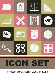 Set Calculator, Geometrischer Figurenkube, Quadratwurzel von x glyph, Graph, Plan, Diagramm, Diagramm, Crossed Lineal und Stift, Chalkboard, Akute Trapezform und Abacus Icon. Vektorgrafik