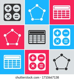 Set Calculator, Geometric figure Pentagonal prism and Calculator icon. Vector