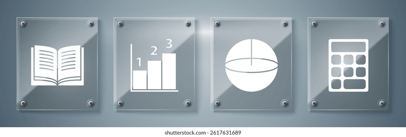 Set Calculator, Geometric figure Sphere, Graph, schedule, chart, diagram and Open book. Square glass panels. Vector