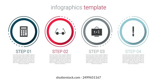 Set Calculator, Glasses, Chalkboard and Paint brush. Business infographic template. Vector