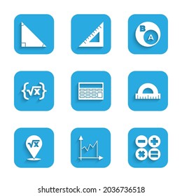 Set Calculator, Graph, schedule, chart, diagram, Protractor, Square root of x glyph, Subsets, math, is subset b and Triangle icon. Vector
