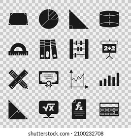 Set Calculator, Graph, schedule, chart, diagram, Chalkboard, Triangle math, Office folders, Protractor, Acute trapezoid shape and Abacus icon. Vector