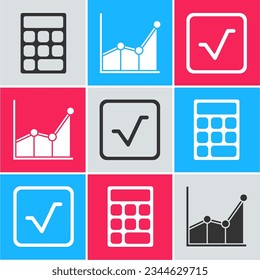 Set Calculator, Graph, schedule, chart, diagram and Square root icon. Vector