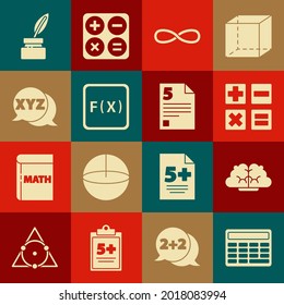 Set Calculator, Human brain, Infinity, Function mathematical symbol, XYZ Coordinate system, Feather and inkwell and Test exam sheet icon. Vector