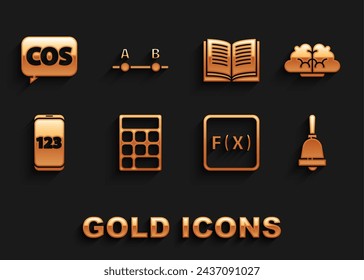 Set Calculator, Human brain, Ringing bell, Function mathematical symbol, Mobile calculator interface, Open book, Mathematics function cosine and Graph, schedule, chart, diagram icon. Vector
