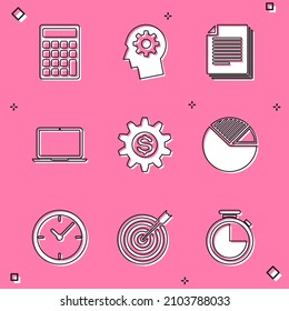 Set Calculator, Human head with gear inside, Document, Laptop, Gear dollar symbol and Pie chart infographic icon. Vector