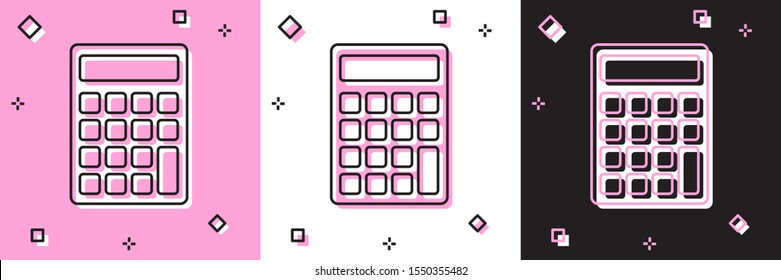 Set Calculator icon isolated on pink and white, black background. Accounting symbol. Business calculations mathematics education and finance.  Vector Illustration