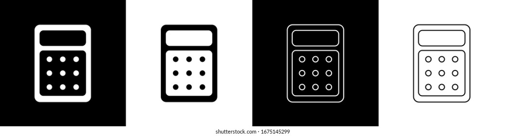 Set Calculator icon isolated on black and white background. Accounting symbol. Business calculations mathematics education and finance.  Vector Illustration