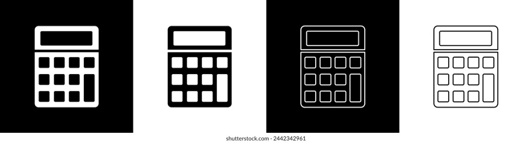 Set Calculator icon isolated on black and white background. Accounting symbol. Business calculations mathematics education and finance.  Vector Illustration
