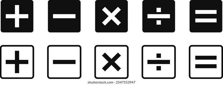 Conjunto de icono de clave de la calculadora. Símbolos matemáticos icon.cálculos matemáticos suma, división, resta, multiplicación, más menos Botón
