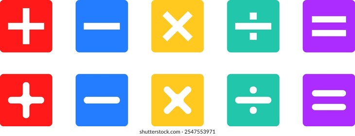 Conjunto de icono de clave de la calculadora. Símbolos matemáticos icon.cálculos matemáticos suma, división, resta, multiplicación, más menos Botón
