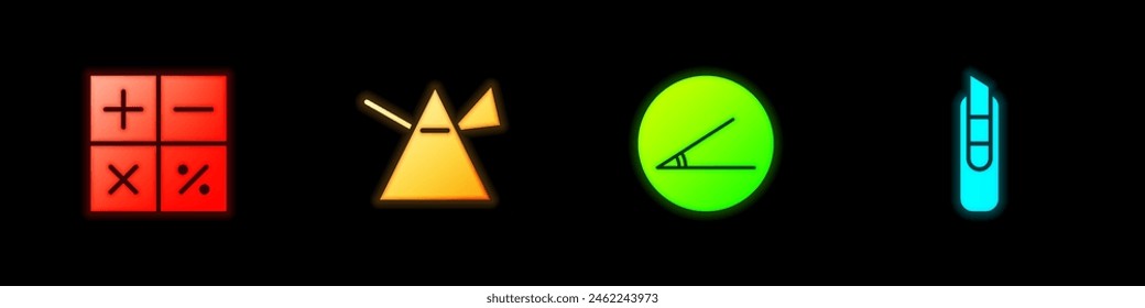 Set Calculator, Light rays in prism, Acute angle and Stationery knife icon. Vector