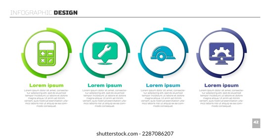Ajuste la calculadora, la ubicación con llave, el casco de seguridad del trabajador y el monitor y el engranaje de la computadora. Plantilla de infografía empresarial. Vector