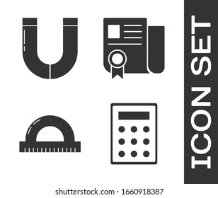 Set Calculator, Magnet, Protractor grid for measuring degrees and Certificate template icon. Vector