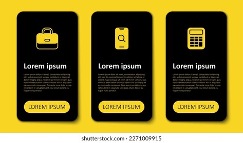 Set Calculator, Magnifying glass and mobile and Briefcase. Business infographic template. Vector
