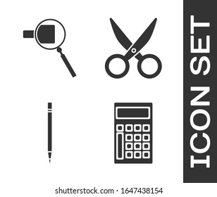 Set Calculator, Magnifying glass, Pencil with eraser and Scissors icon. Vector